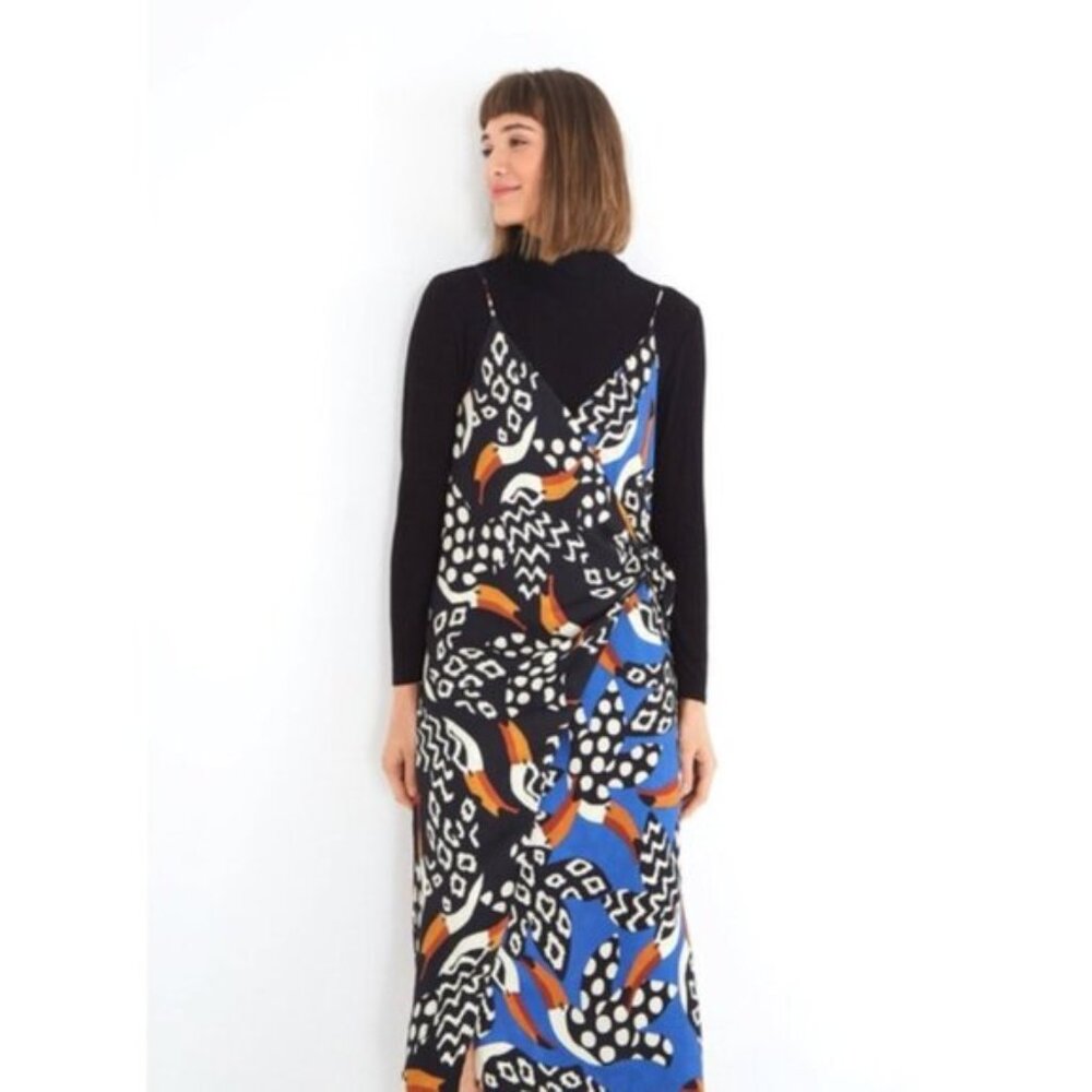 Farm Rio Toucano asymmetrical blue & black wrap midi dress